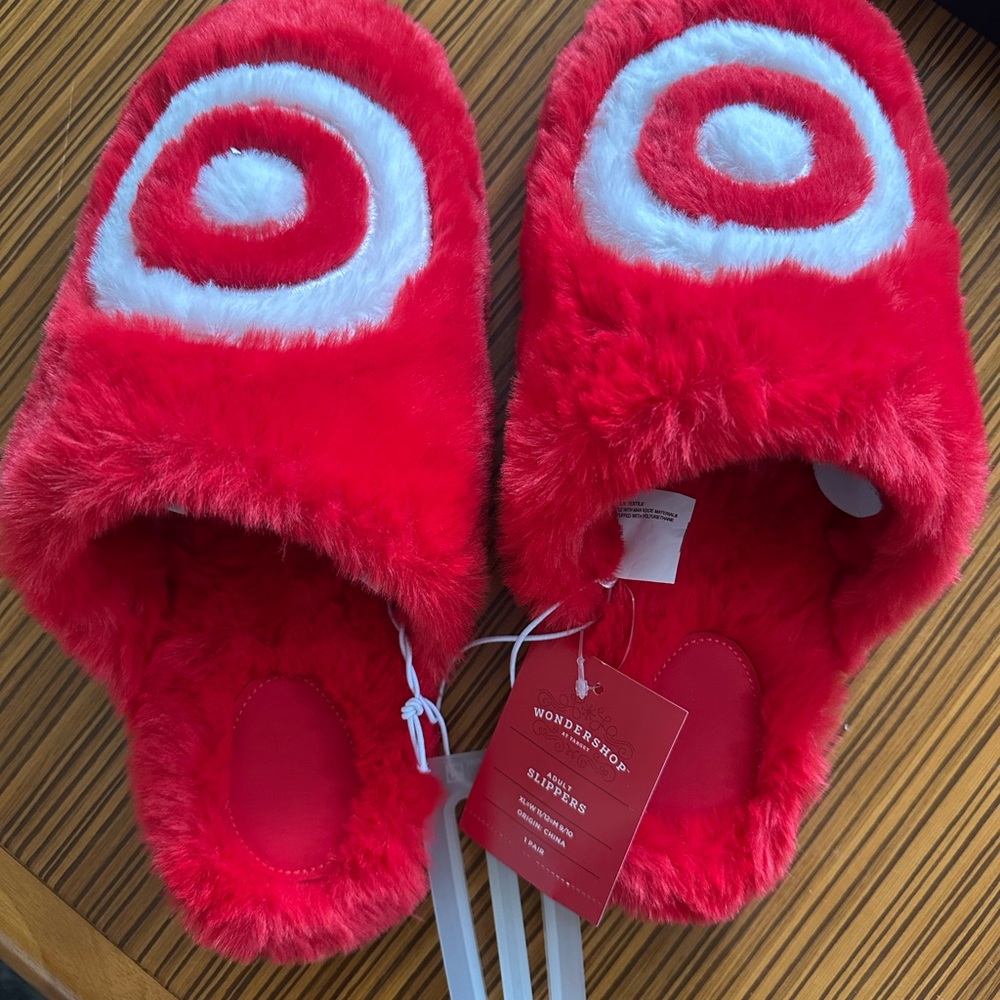 WonderShop Target Red Fuzzy Logo Slippers